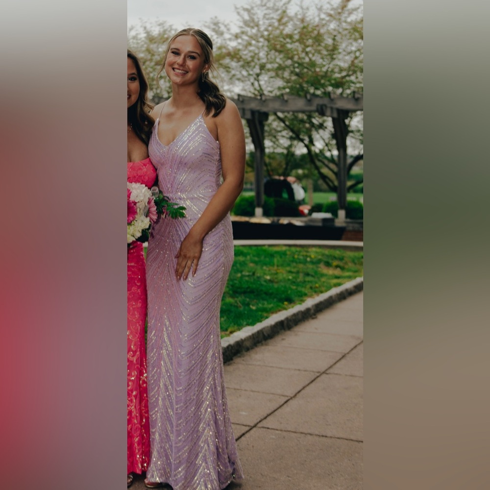 Windsor Lilac Sequin Spaghetti-Strap Prom Gown